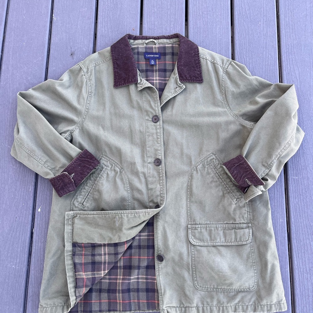 VTG Lands End Womens Chore Barn Coat Jacket XL Green Corduroy Trim Flannel Lined